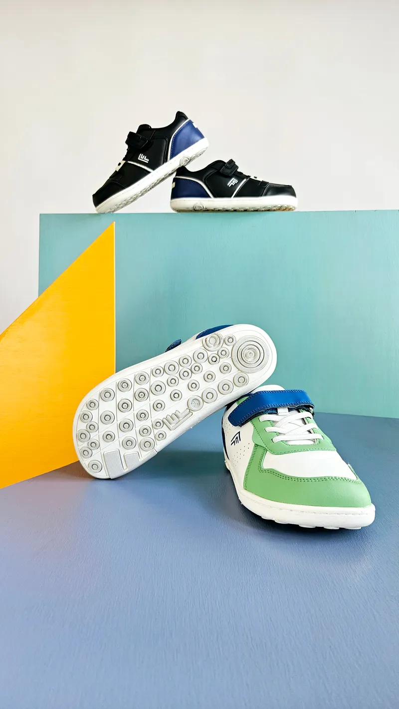 Fooz vegan leather barefoot shoes in green-blue and lilac